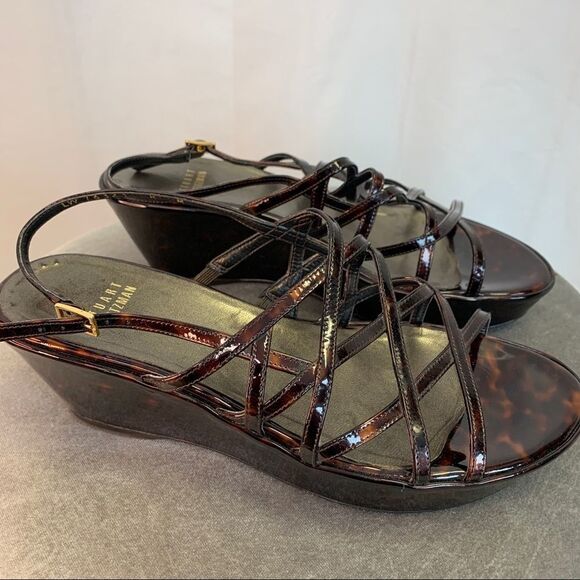 Stuart Weitzman tortoise patent strappy wedge sandal Sz 8 - Picture 4 of 10